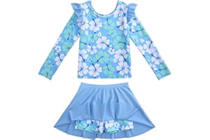KUKUME Girls Rash Guard Swimsuit Set Long Sleeve 2 Pieces Bathing Suit Swimming Skirt with Shorts 4-13Y