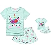 QPANCY Matching Girls & Dolls Pajamas Unicorn Pj Sets Summer Cotton Sleepwear
