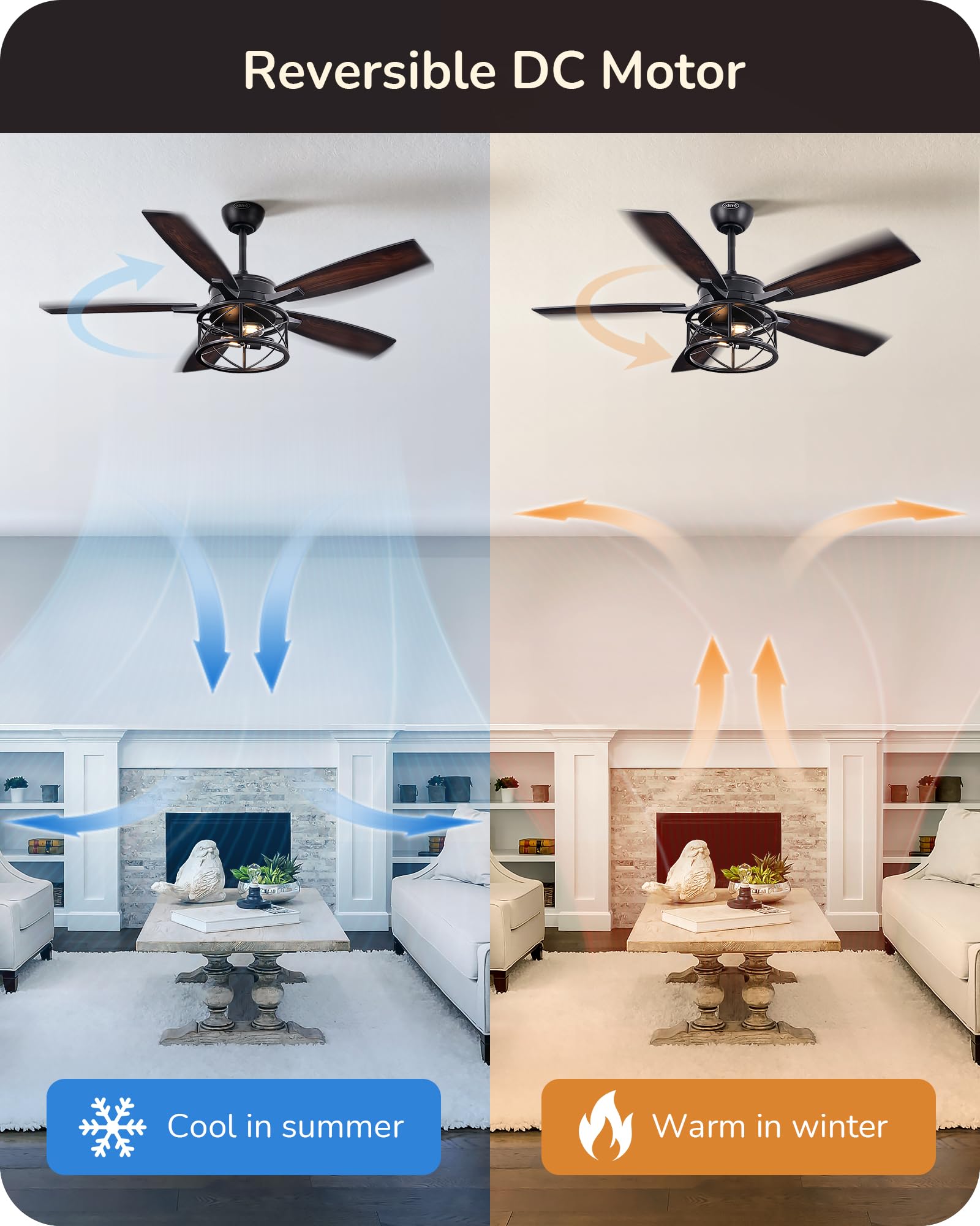 EDISHINE 52 Inch Farmhouse Ceiling Fans with Lights, Remote Control, 5 Wooden Blades, Dimmable, Timer, 6 Speeds Reversible DC Motor, Rustic Lighting & Ceiling Fan for Bedroom Living Room, UL Listed