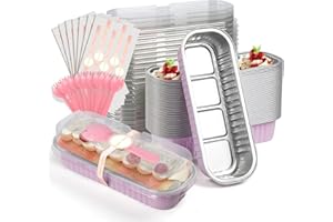 Bigmeta Mini Loaf Pans with Lids and Spoons- 50 Pack 6.8oz Aluminum Bread Cupcake Pie Foil Pans with Sealing Sticker, Rectangle Disposable Cake Tins Brownie Baking Cups for Picnics Party