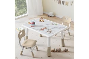 DOREROOM Toddler Table and 2 Chairs Set, Height Adjustable Kids Table and Chairs, 31.5''L x 23.6''W, Marble Pattern & Graffiti Desktop, Children Multi-Activity Table for Home/Daycare/Classroom