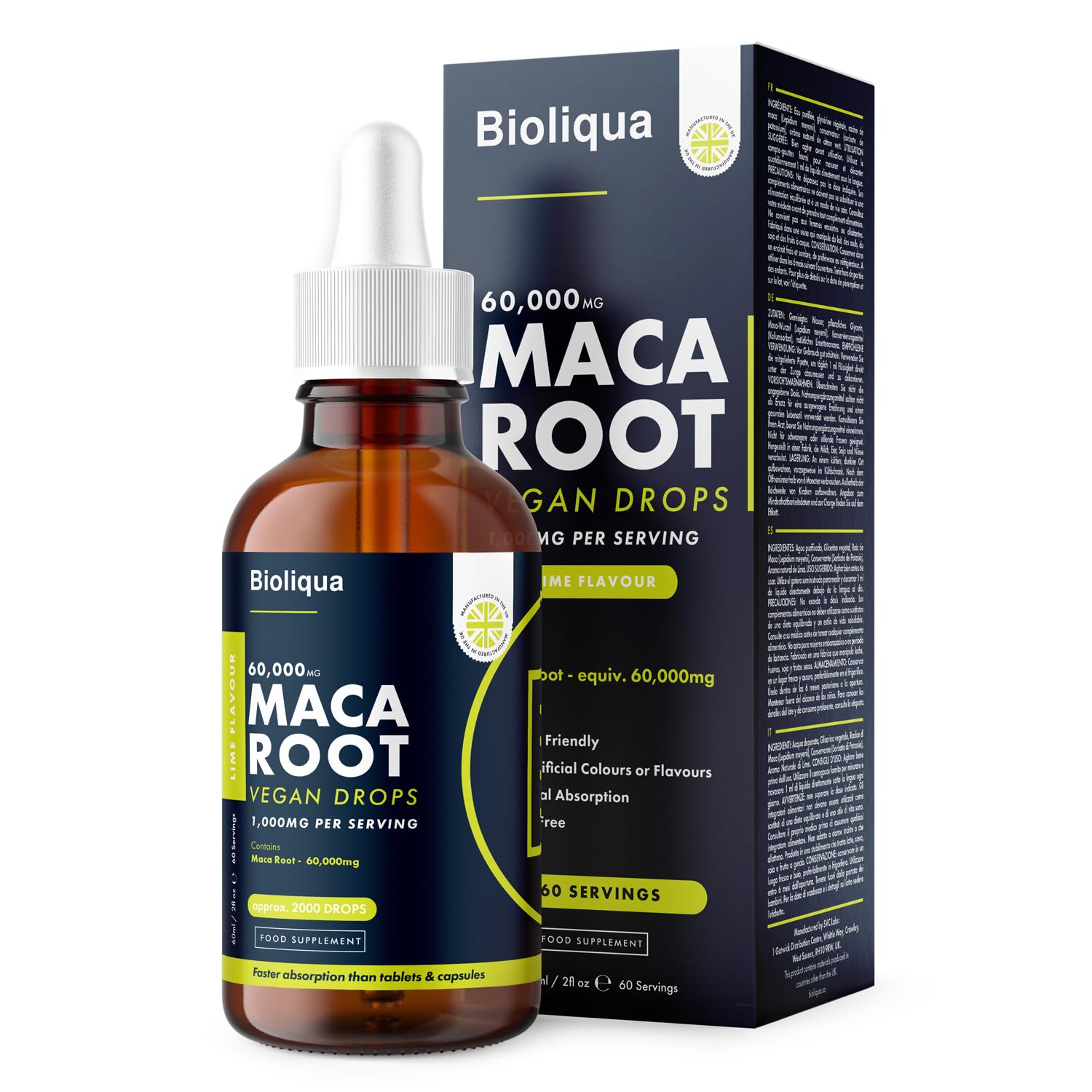 Maca Root Supplement Liquid Drops - High Strength of 60,000mg per 60ml Bottle at 4X Concentration - Vegan - 2 Month Supply of Premium Maca Root Extract - 60 Servings - Made in UK by Balance