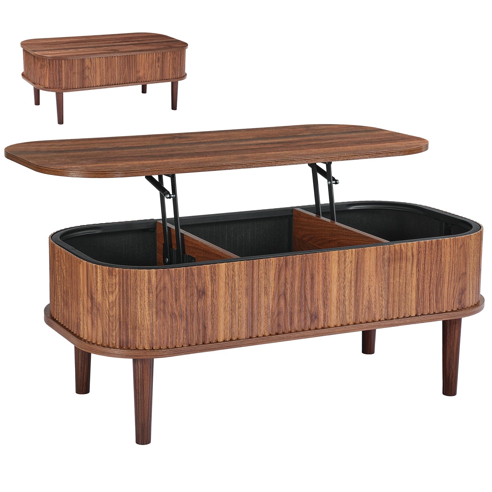 VEVOR Fluted Lift Top Coffee Table, Oval Walnut Coffee Table with 3 ...