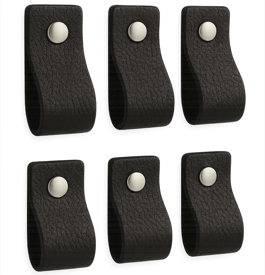 Brute Strength - Black Leather Cabinet Handles - 6 Pack - 12.5 x 2.5 cm - Kitchen, Bathroom, Dresser & More — image 1