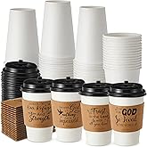 Jingmore 24 Set 12oz Christian Coffee Cups with Lids and Sleeves Disposable Bible Verse Paper Hot Cups for Religious Party Favors Sunday School Church Baptism