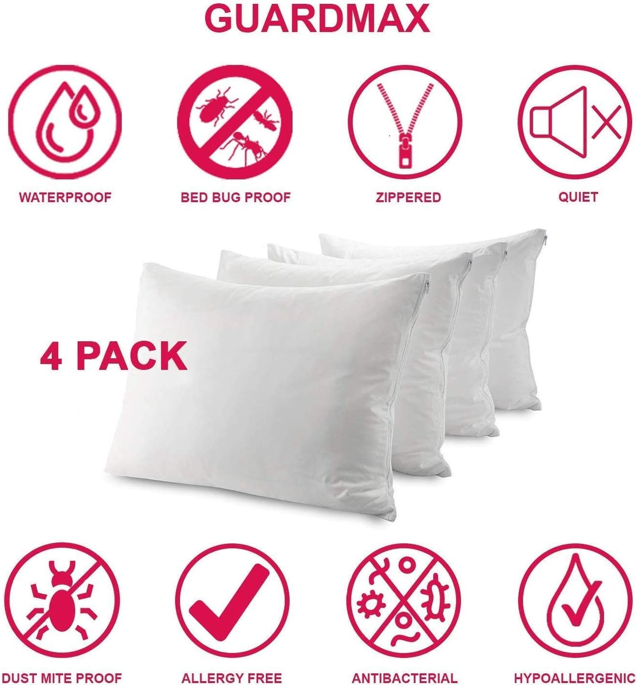 Guardmax Waterproof Pillow Protectors Standard Bed Bug Proof | Hypoallergenic Zippered Encasement Covers | Set of 4 Standard Size (20"x26"): Home & Kitchen