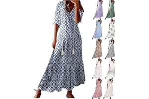 MaMiDay Maxi Dress for Women Half Sleeve Casual V Neck Drawstring Ruffle Collar Dresses 2024 Lightweight Floral Boho Sundress