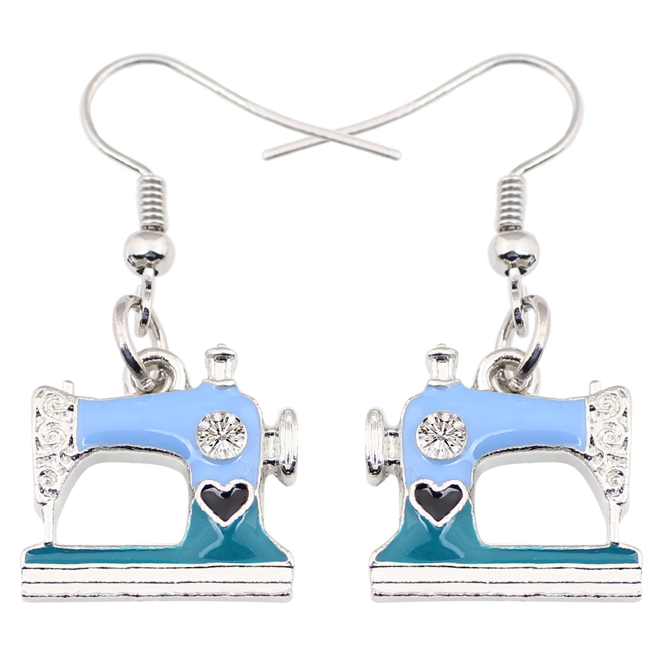 WEVENI Enamel Alloy Crystal Sewing Machine Earrings Dangle Drop Unique Jewelry Dainty Gift For Women Girls Ladies (Blue)
