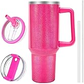 QDXMD 40 oz Tumbler with Handle and Flip Straw Lid, Vacuum Insulated Leak Proof Double Walled Stainless Steel Glitter Travel Mug Tumblers, Maintains Cold Ice and Heat for Hours(Hot Pink)