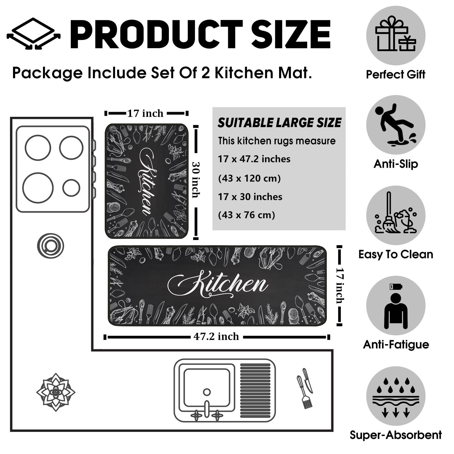 2 PCS Kitchen Rugs and Mats Non Skid Washable Black Kitchen Mat Soft Super Absorbent Anti Fatigue Kitchen Mat Runner Set Doormat Bathroom 17"x47"+17"x30" - Image 5