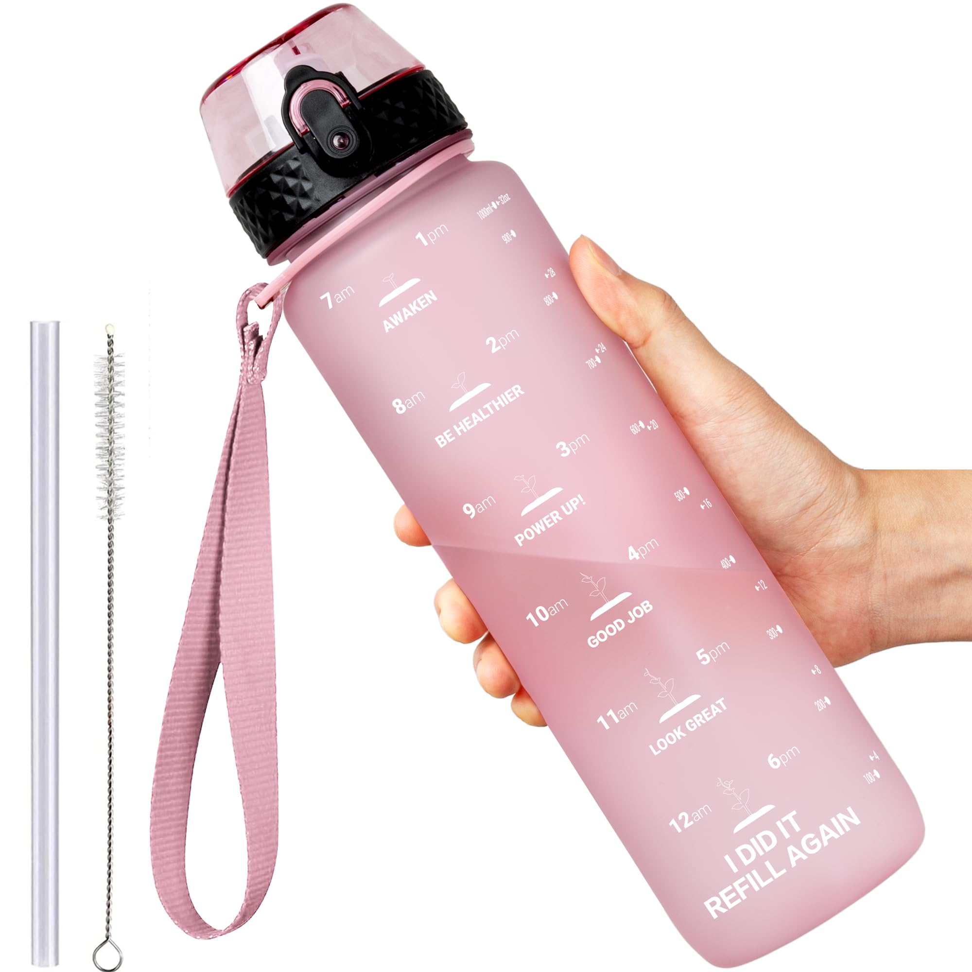 GOPPUS 1000ML/32OZ Tritan Water Bottle with Straw 1 Litre Leakproof Drink Bottle with Measurements Sport Bottles with Lockable Flip Top Motivational Bottles with Time Marks for School, Adults, Cycling — image 1