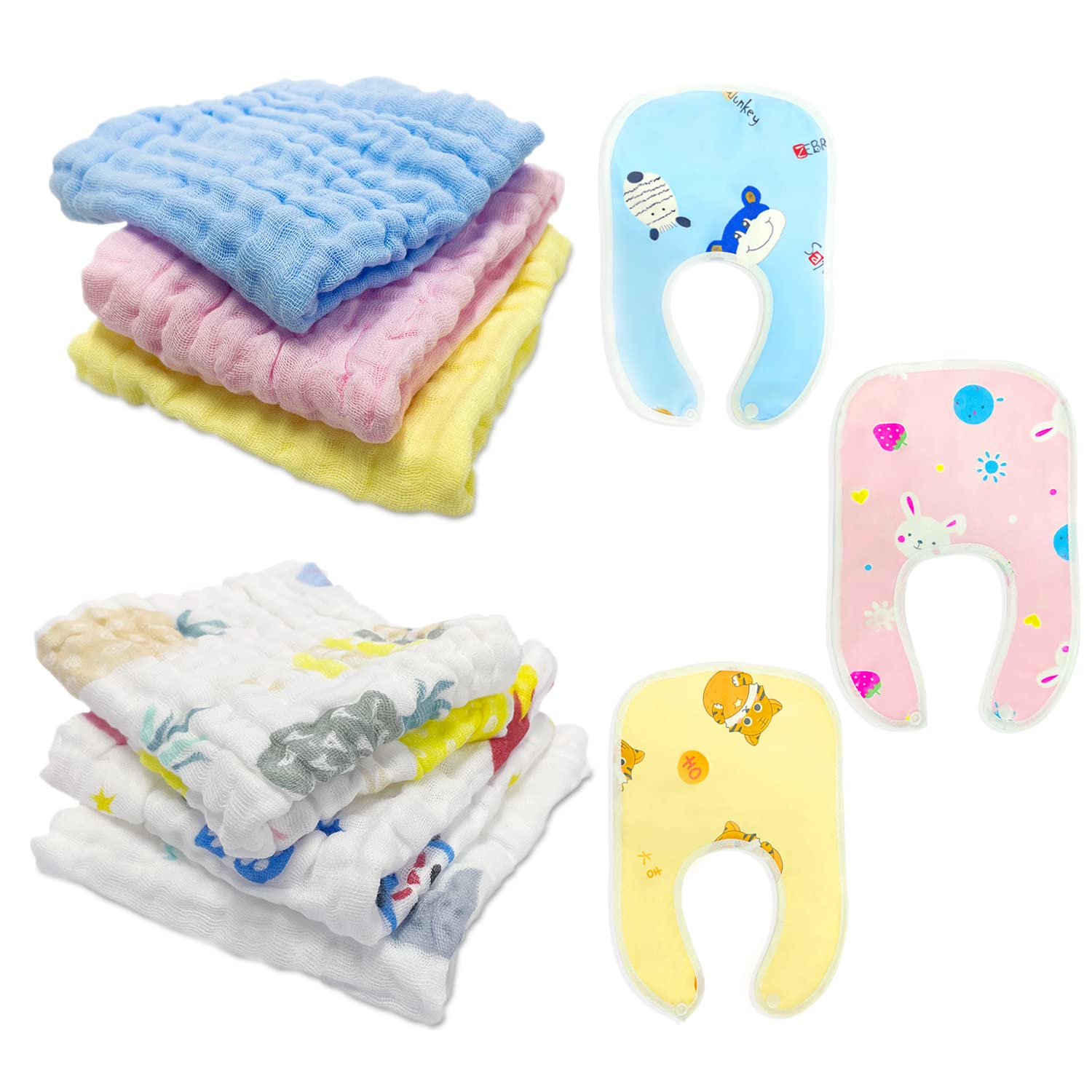 ZWZNBL 6-Piece Baby Squares Plus 3 Bibs, Multipurpose Muslin Squares, Soft Cotton Antibacterial Burp Cloths