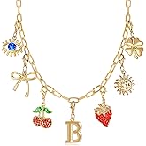 Initial Charm Necklace for Women, Evil Eye Four-Leaf Clover Sun Bow Cherry Strawberry Removable Charms Necklace Paper Clip Chain Choker, Trendy Jewelry Birthday Christmas Gifts for Her (Letter B )