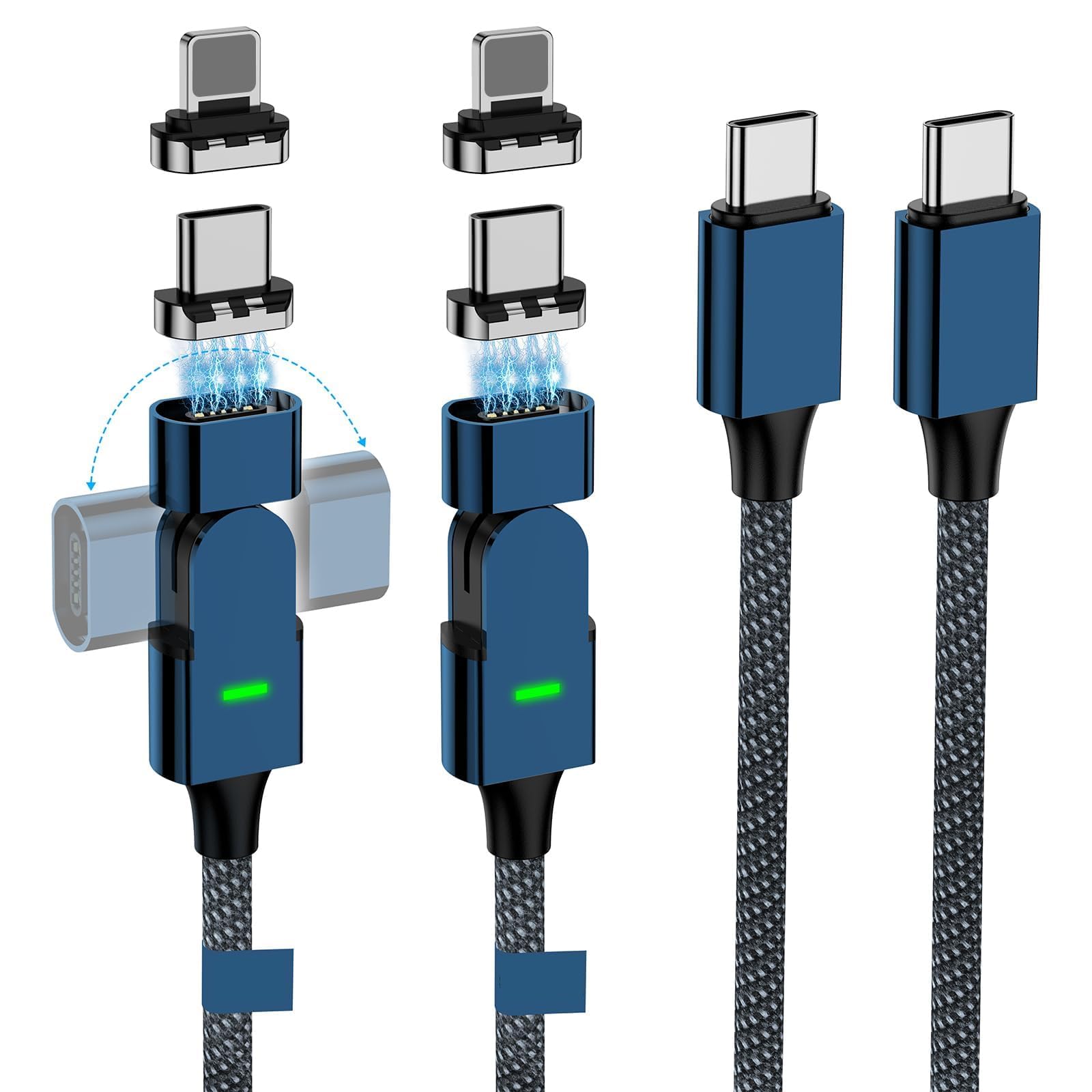 Photo 1 of 100W USB C Magnetic Charging Cable, 180° Rotation 2 in 1 Magnetic Phone Charger Cable [2 Pack, 4/6.6ft],480Mbps Data Transfer, for iPhone 16,15,14,13,iPad,MacBook Pro,Galaxy S22 (Blue)