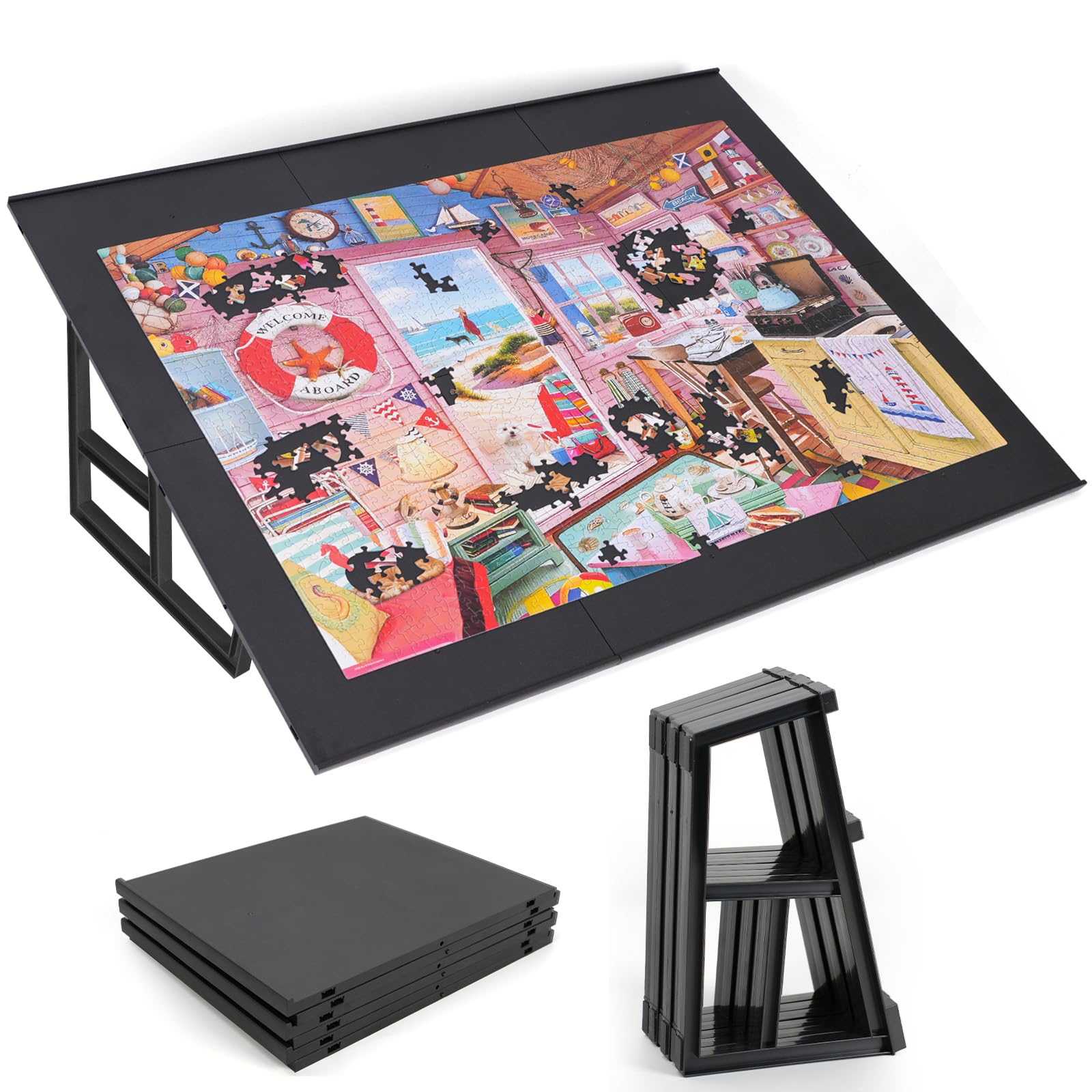 Photo 1 of WELGEE 1000-Piecce Tilting Puzzle Board with Stand, 31” x 24” Lightweight Portable Puzzle Table for Adults & Seniors, DIY Customizable Puzzle Accessory Only 3.5 lbs (Black)