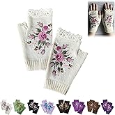 Firtideti Women's Hand Embroidered Knitted Flower Fingerless Gloves, Purple, One Size