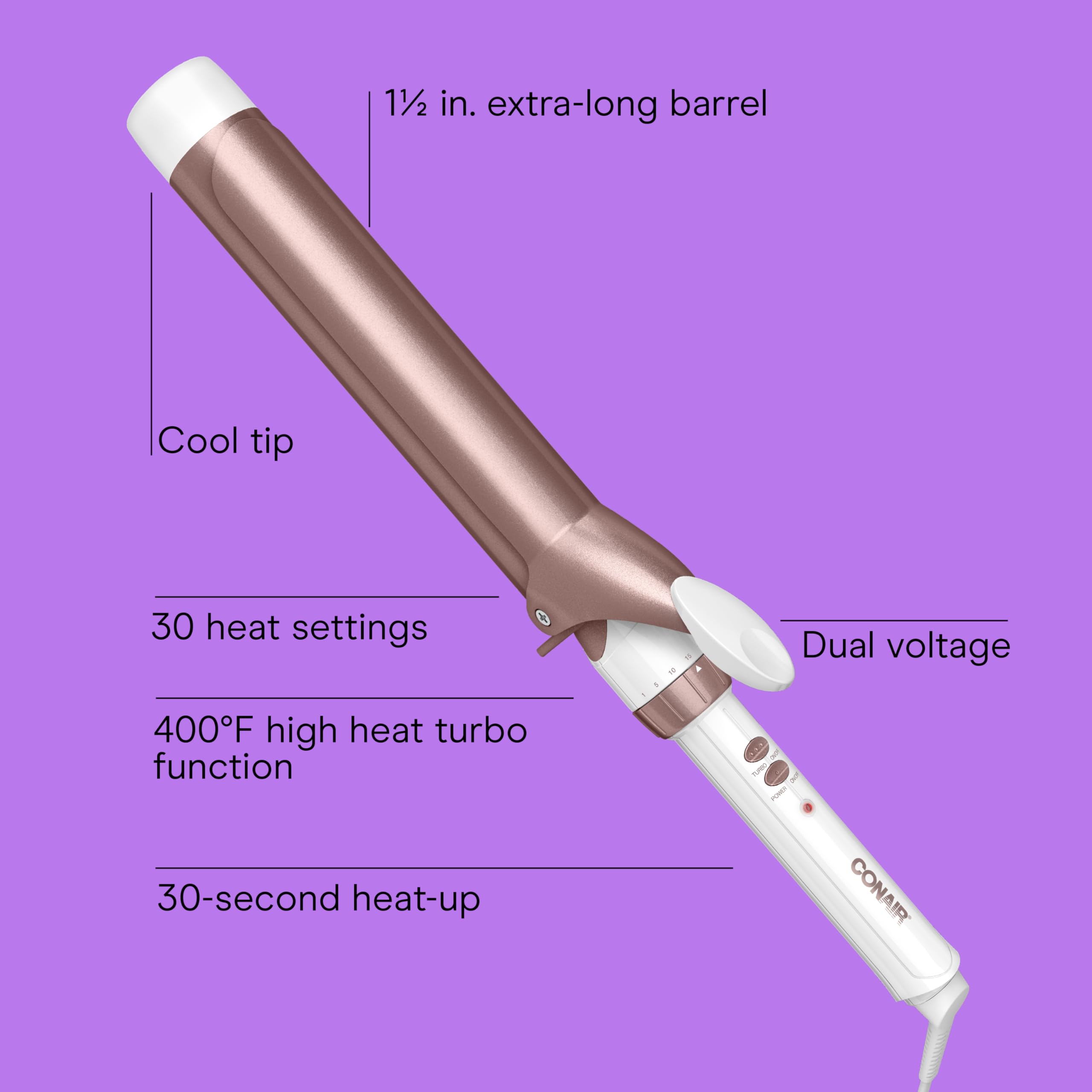 Conair Double Ceramic 1 ½-Inch Long Barrel Curling Iron, 1 ½-Inch Barrel Creates Soft Waves, Hair Waver for Use on Medium & Long Hair, White/Rose Gold