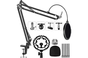 LULING ARTS Blue Yeti Boom Arm Adjustable Suspension Microphone Mic Stand Desk with Shock Mount 3/8'' to 5/8'' Screw Adapter Pop Filter for Live Streaming Podcasting Gaming, Recording