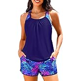 Women Tankini Swimsuits with Shorts - Two Piece Tummy Control Blouson Tankini with Two Pockets Bottom Bathing Suit