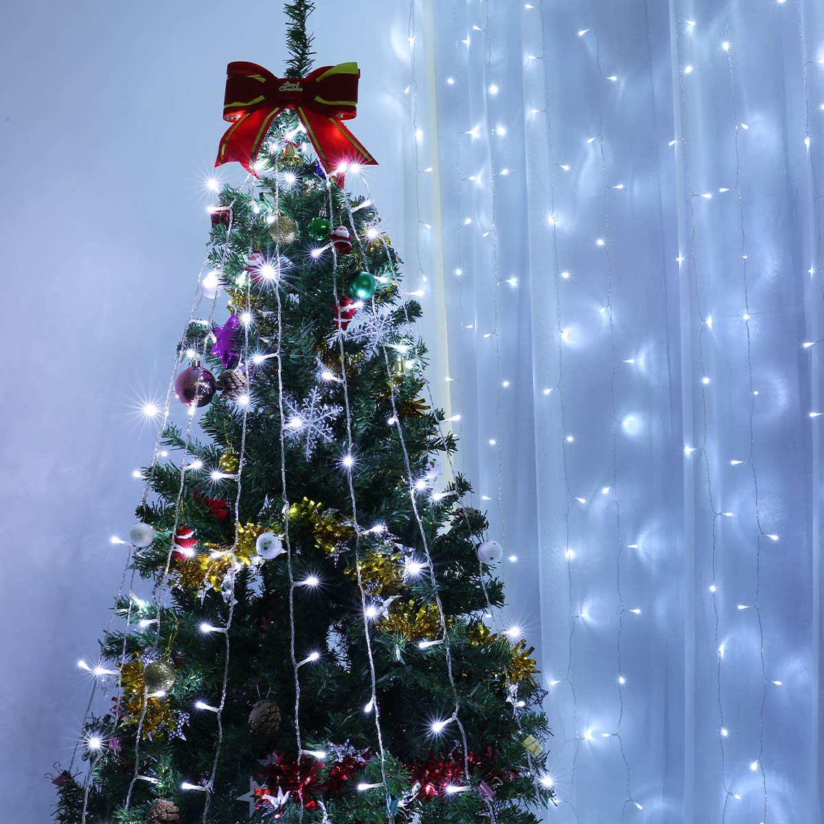 24HOCL 300 LED Window Curtain String Light USB Powered, 4 Music Control 8 Lighting Modes Waterproof Decorative Lights for Wedding Party Home Garden Bedroom Outdoor Indoor Wall Decorations, Cold White