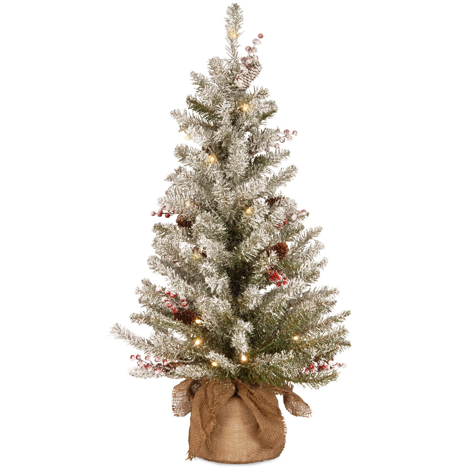 Photo 1 of National Tree Company Pre-Lit Artificial Mini Christmas Tree, Green, Dunhill Fir, White Lights, Decorated with Pine Cones, Berry Clusters, Frosted Branches, Includes Cloth Bag Base, 3 Feet