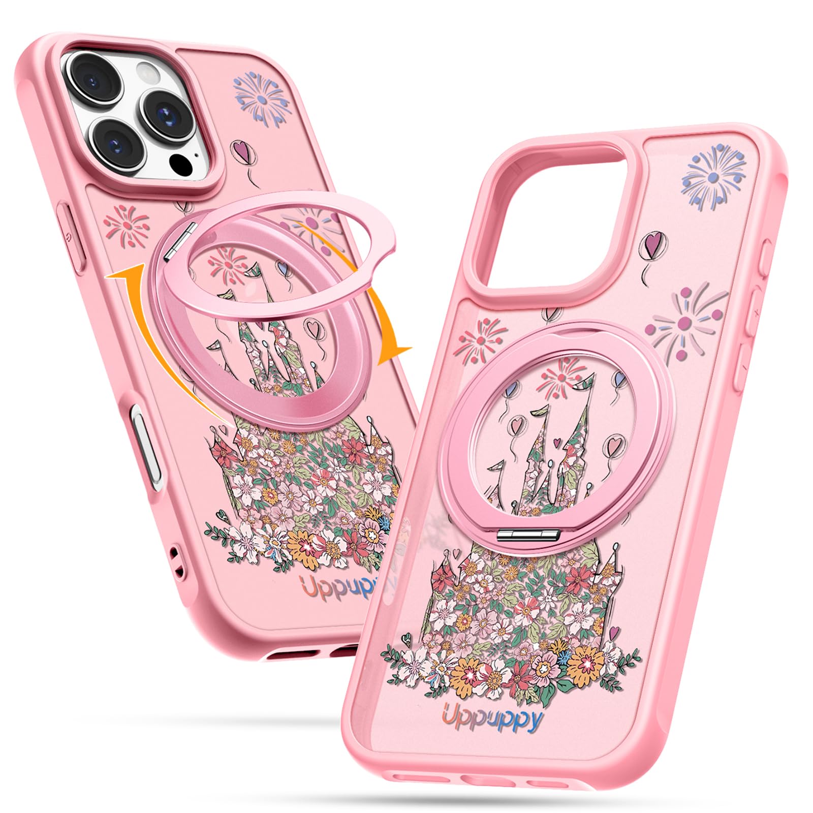 Uppuppy for iPhone 16pro max Case - Compatible with MagSafe for Women Girls Bulit-in 360° Rotatable Magnetic Ring Holder Kickstand Cute Aesthetic Pink Castle Design for Apple 16pro max