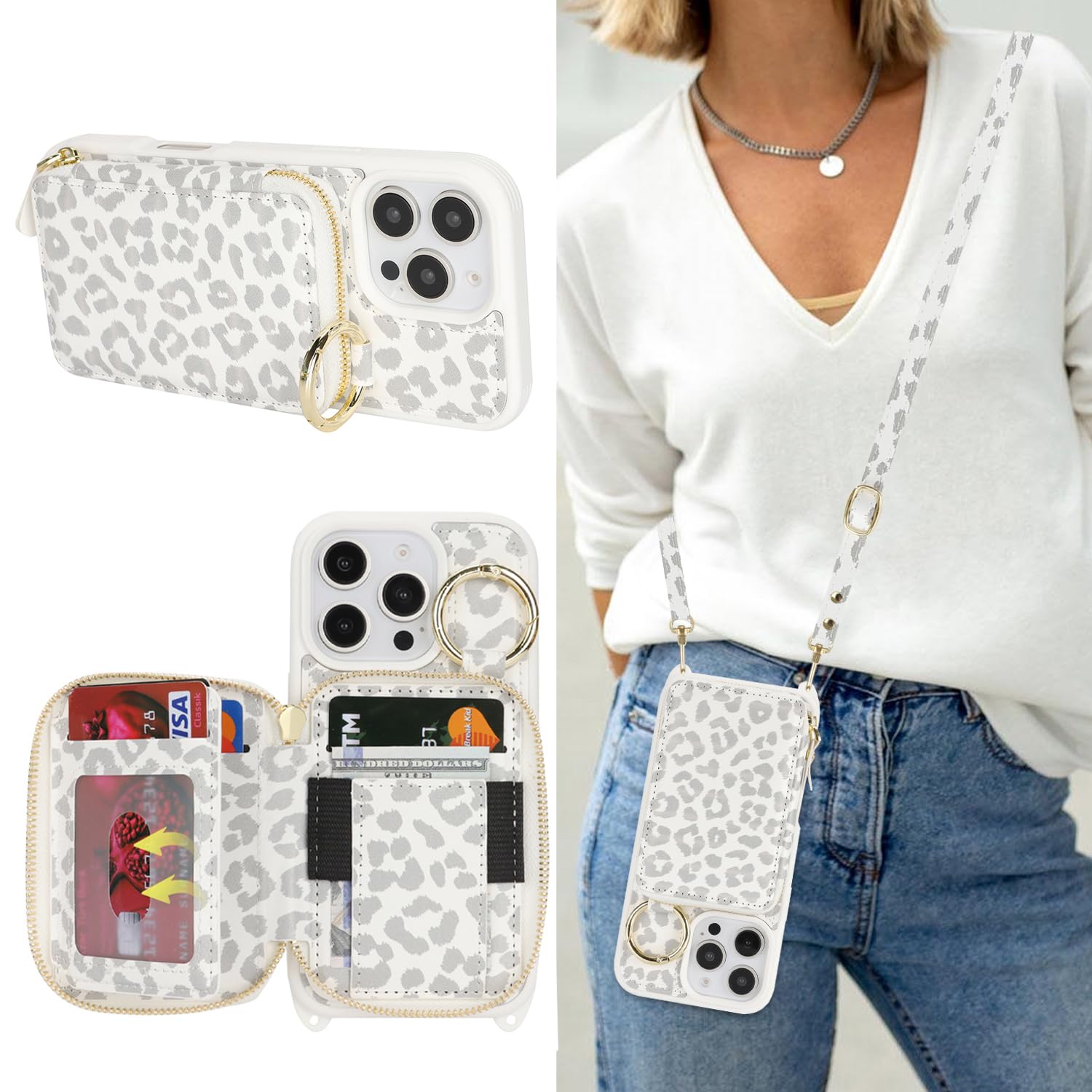 Hamany Crossbody Wallet Case for iPhone 16 Pro, PU Leather Zipper Handbag Purse Flip Cover, Kickstand Folio Case with Card Slots Holder Wrist Strap Lanyard 5G 6.3 Inch-White Leopard