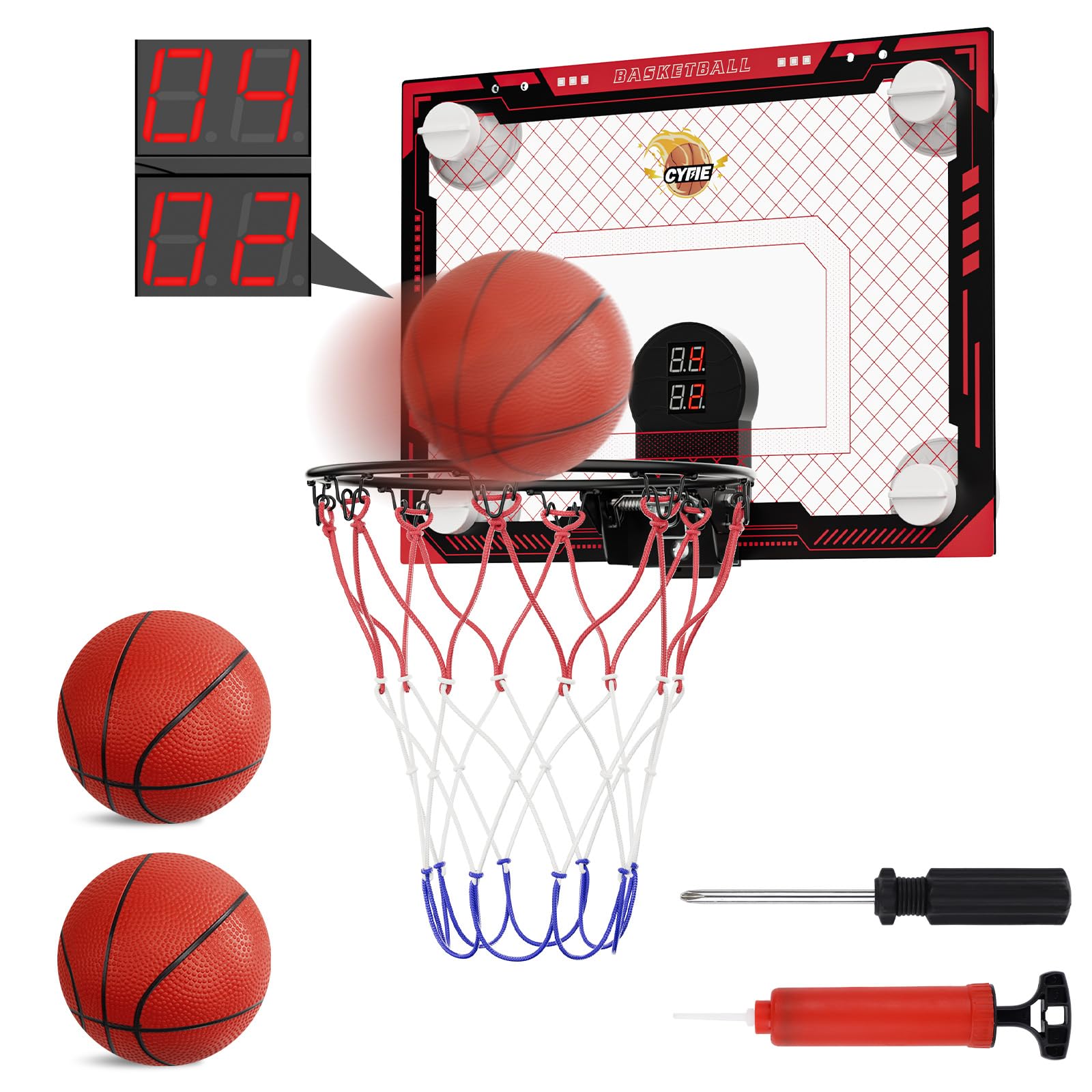 Photo 1 of CYFIE Suction Cup Basketball Hoop, Indoor Mini Basketball Hoop with Sturdy Backboard/Electronic Scoreboard, Sound, 3 Balls, Basketball Toys Gifts Ideas for Kids Teens Girls Boys Gifts