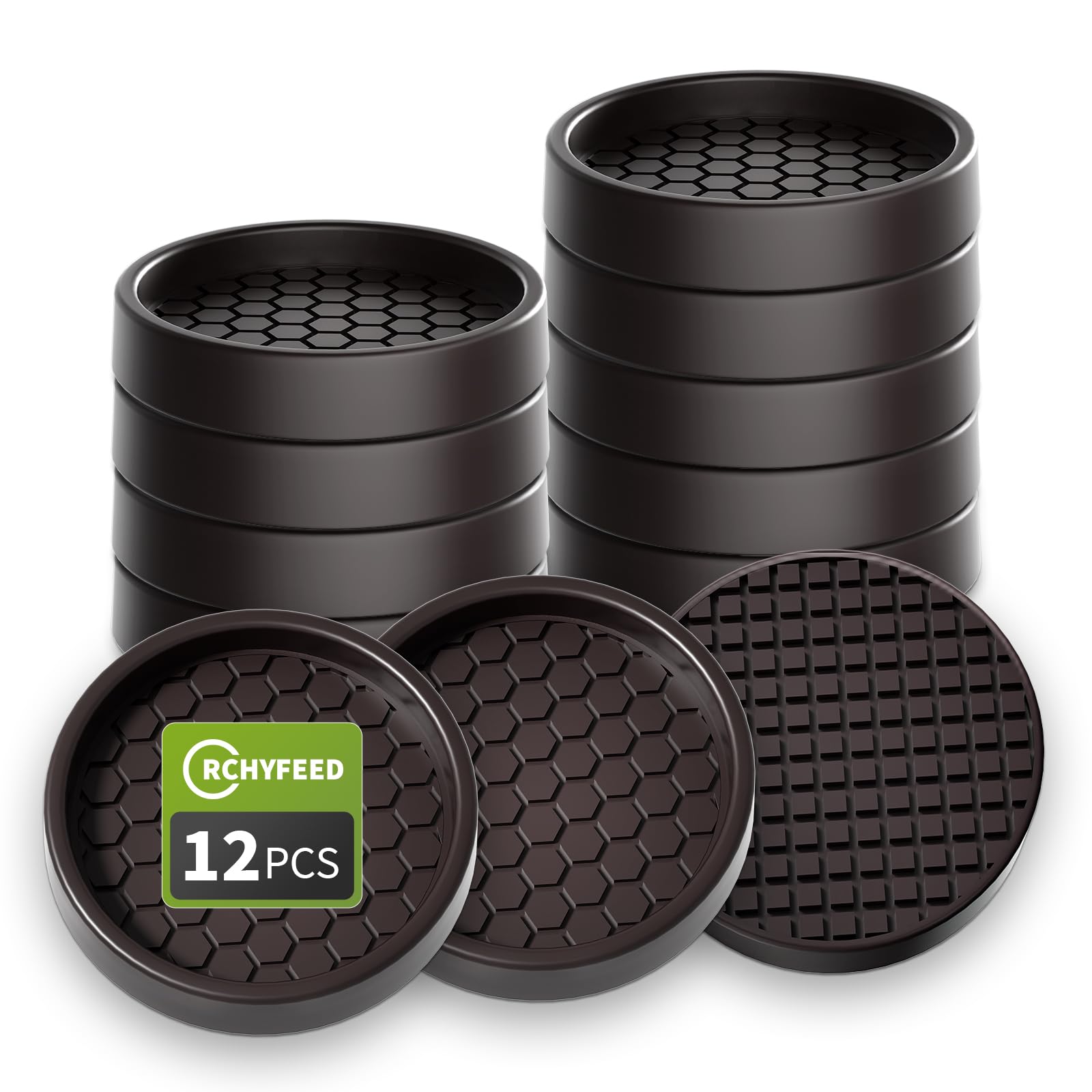 Non Slip Furniture Coasters - 2” Non Skid Furniture Pads for Hardwoods Floors, 12Pcs Rubber Round Caster Cups, Anti Slide Furniture Feet Floor Protectors for Couch Chair Table Desk (Brown)