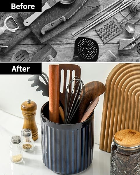 HASENSE KITCHEN UTENSIL HOLDER,7.3″ + 5.7″ COOKING UTENSIL HOLDER FOR KITCHEN COUNTER, LARGE UTENSIL CROCK FOR FARMHOUSE DECOR, UTENSIL STORAGE ORGANIZER FOR SPATULA, SET OF 2, NAVY BLUE