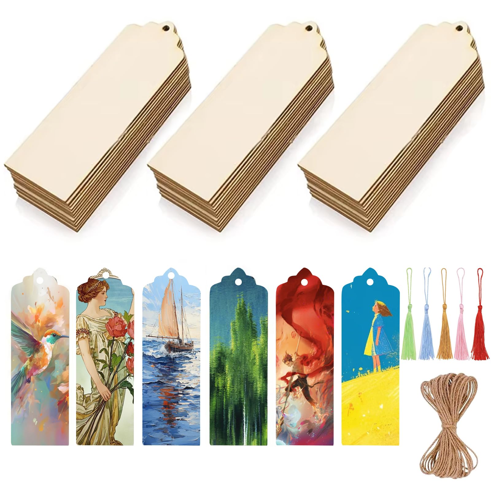 102pcs Wood Blank Bookmarks, BetterJonny 36pcs DIY Craft Bookmark Cloud Shape Top Hanging Tags with Holes and Ropes with 36pcs Multicolor Tassel and 30 Ropes
