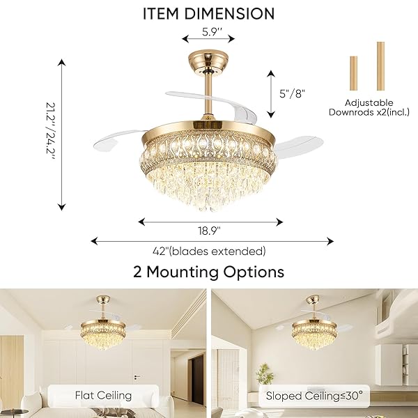 STYLORAVIVE 42″ FANDELIER CEILING FAN WITH LIGHT, CRYSTAL RETRACTABLE CEILING FAN WITH LIGHTS AND REMOTE, CHANDELIER FANS FOR BEDROOM LIVING ROOM, REVERSIBLE DC MOTOR, DIMMABLE, 6 SPEEDS -GOLD