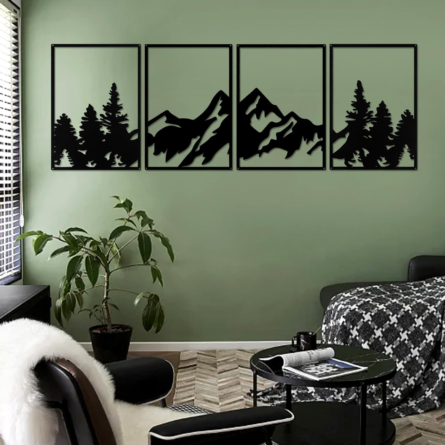 YiYa 4 Pcs Mountain Wall Art - Large Black Metal Mountain Wall Decor - Vertical Wall Sculptures for Home, Living Room, Bedroom