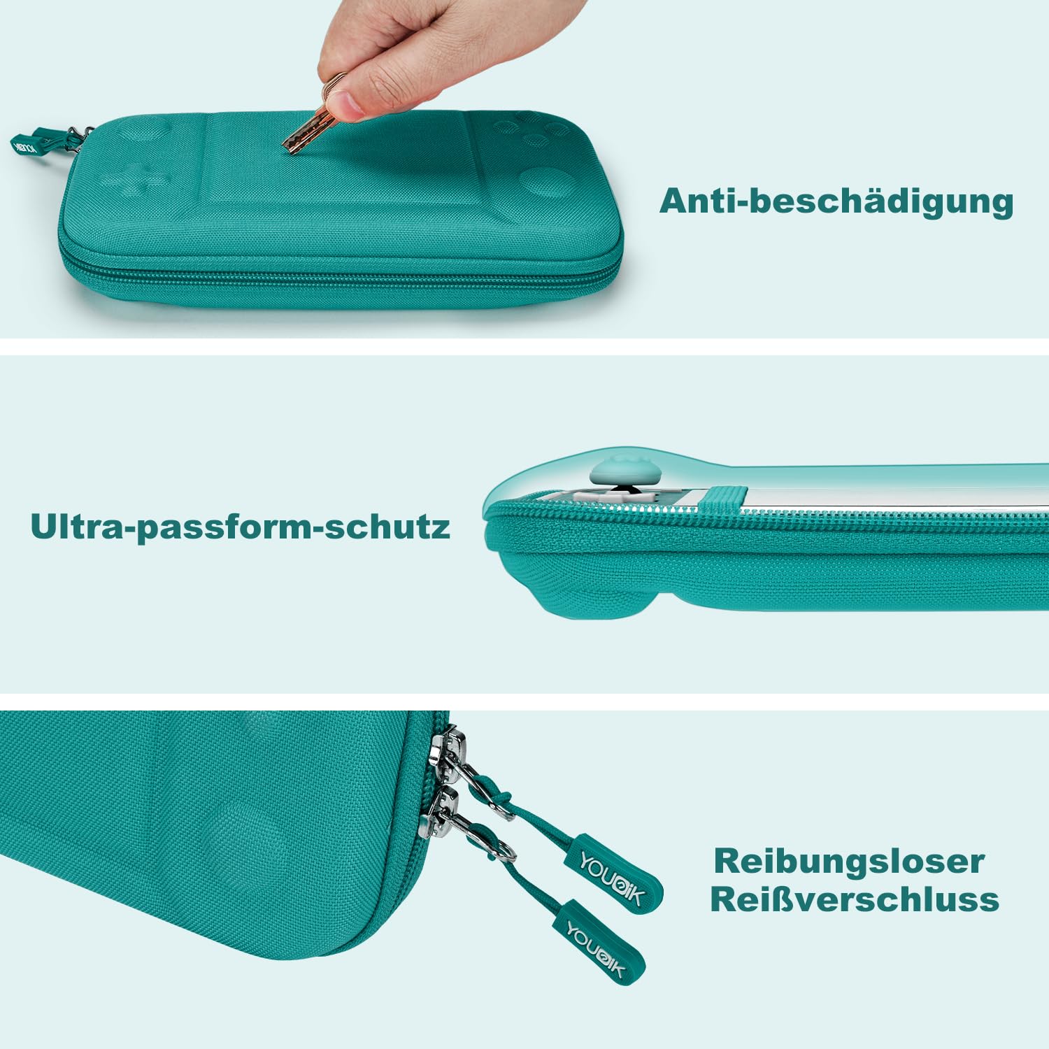 Younik Switch Lite Hülle, 14-in-1 Switch Lite Zubehör mit Switch Lite Tasche, klare Schutzhülle, Spielkartenhülle, 2 Bildschirmschützern, 6 Daumengriffen, Anhänger, Türkise Tragetasche für Switch Lite 4