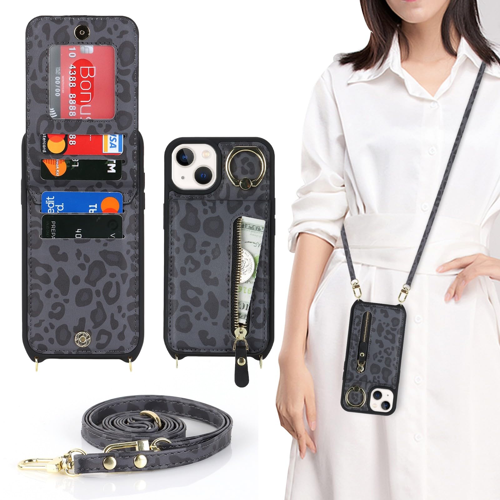 Zouzt for iPhone 14 Plus Case with Cord and Card Holde, Zipper Wallet Case with Crossbody Lanyard Ring Adjustable Necklace Protective Cover Women for iPhone 14 Plus 6.7 Inch - Black Leopard