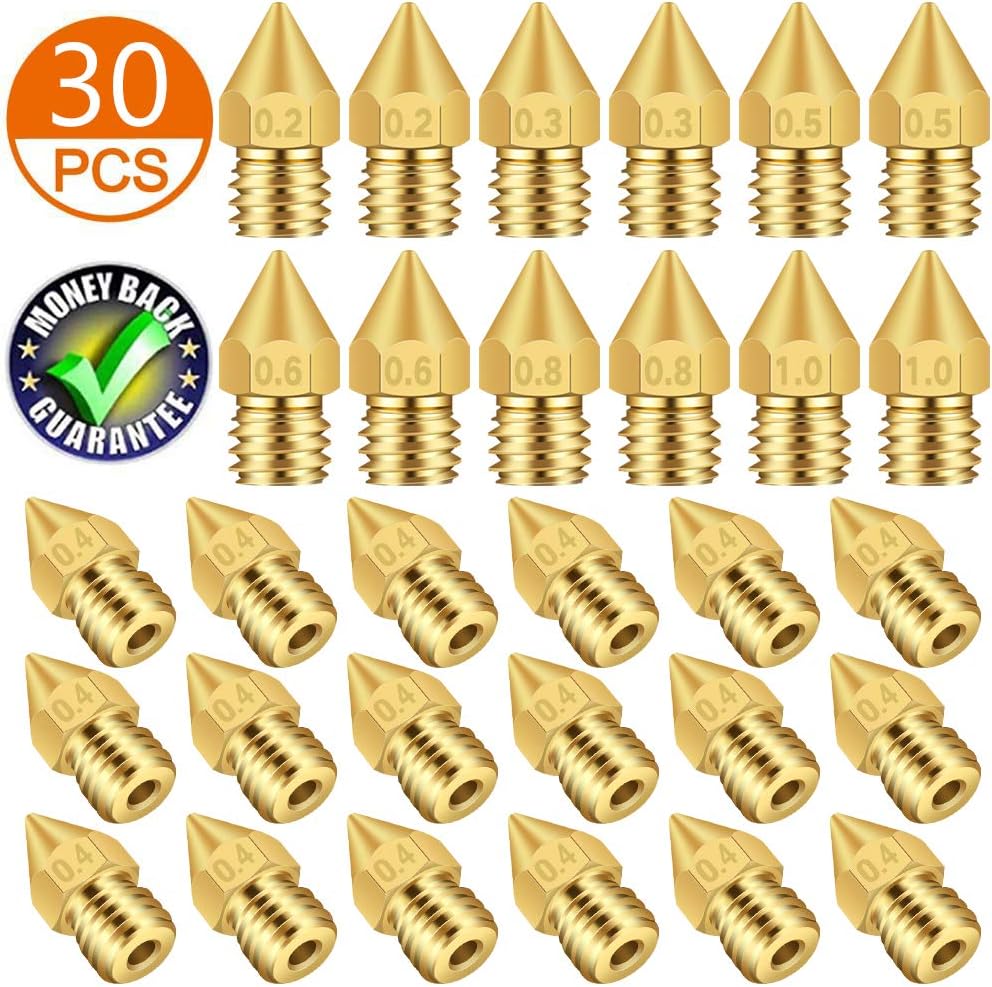 TUZUK 30 Pieces 3D Printer Nozzles MK8 Nozzle 0.2mm, 0.3mm, 0.4mm, 0.5mm, 0.6mm, 0.8mm, 1.0mm for 3D Printer Makerbot Anet A8 CR-10 CR-10S S4 S5 Ender-3 5