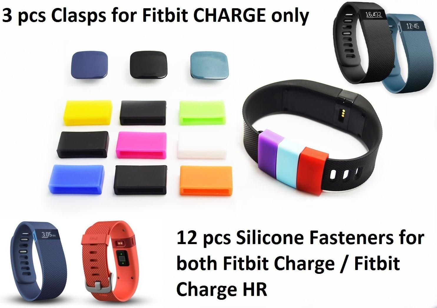 Prison Break 12 pcs Silicone Fasteners for FITBIT Charge/FITBIT Charge HR Wristband AND 3pcs Clasps (Black,Blue,Slate) for Fitbit Charge Wristband ONLY (12 pcs+3 pcs)