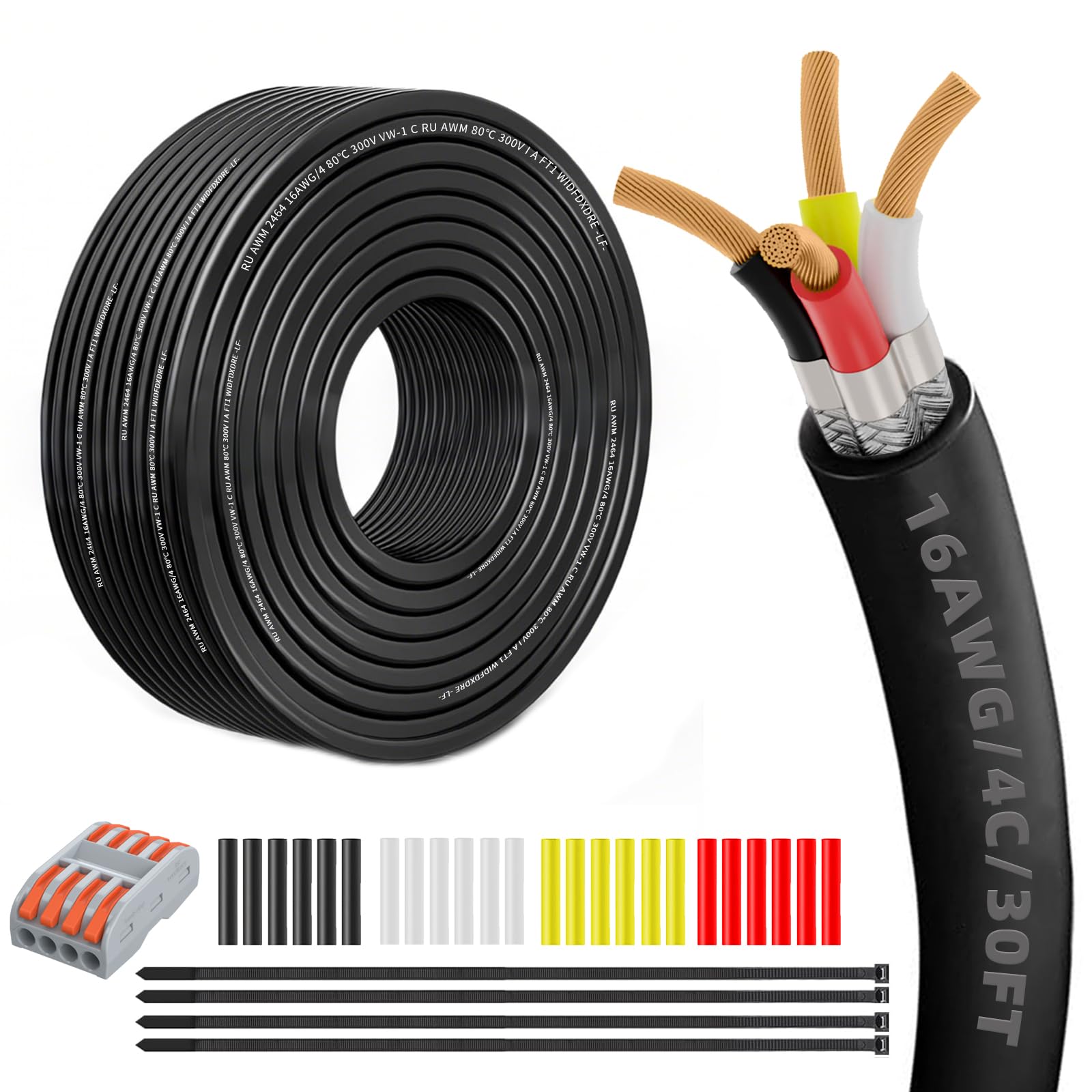 Photo 1 of 16 Gauge 100% Pure Copper 4 Conductor 16/4 Flexible Shielded Wire 30FT, UL2464 16AWG 4 Core EMI/RFI Shielding Shielded Cable for Automotive, 3D Printer,CNC VFD Spindle, Stepper Motor, Sound, Speaker
