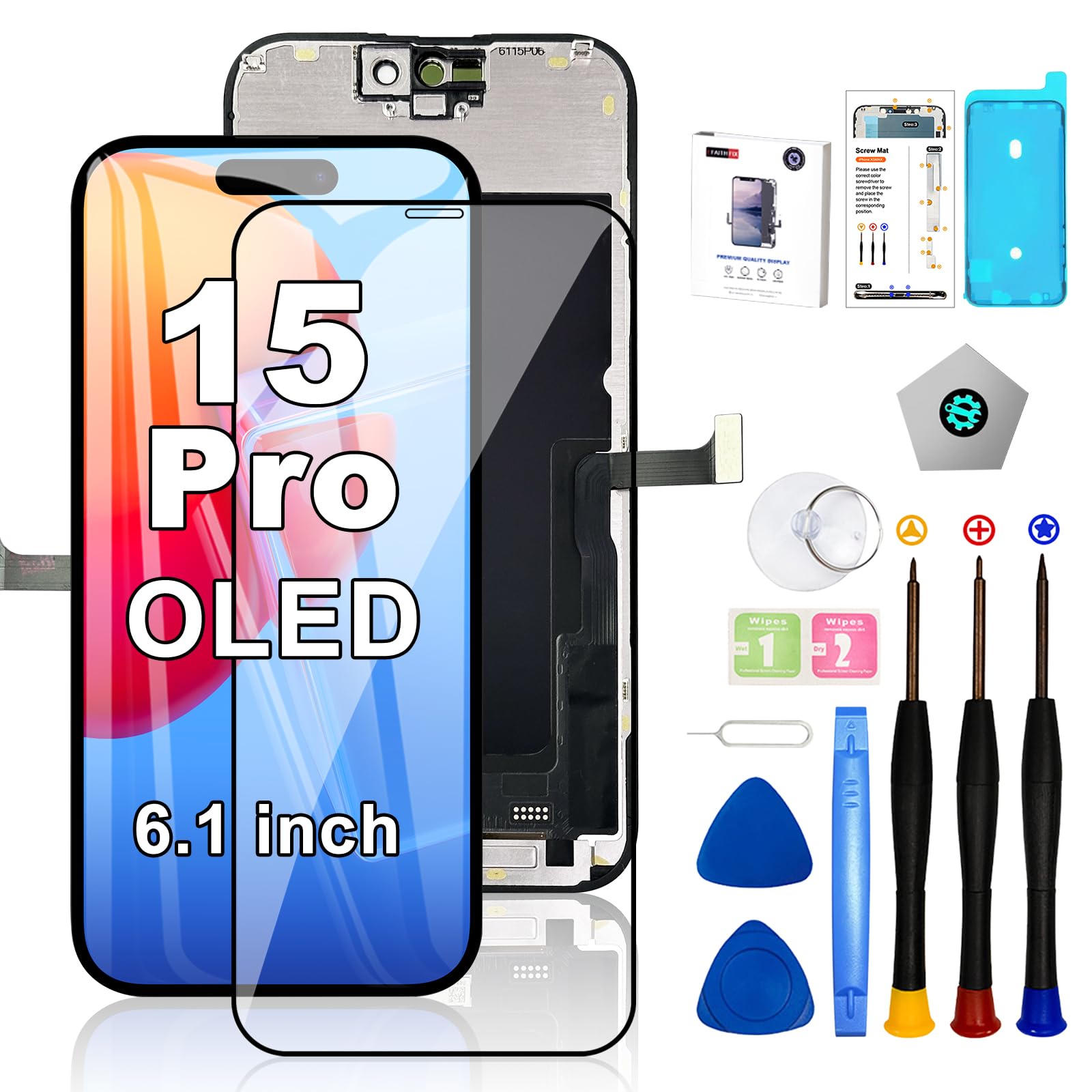 Photo 1 of EFAITHFIX for iPhone 15 Pro Screen Replacement OLED [NOT LCD] 6.1 inch Display 3D Touch Screen FHD Digitizer Assembly for A2848 A3101 A3102 A3104 with Repair Tools Waterproof Adhesive Screen Protector