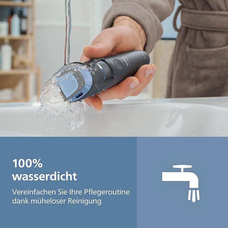 Bartschneider 3000er-Serie – selbstschärfende Klingen mit abgerundeten Spitzen, 20 Längeneinstellungen, Lift&Trim-Kamm, 100% wasserdicht, Akkuanzeige, USB-Ladegerät, Modell BT3619/15