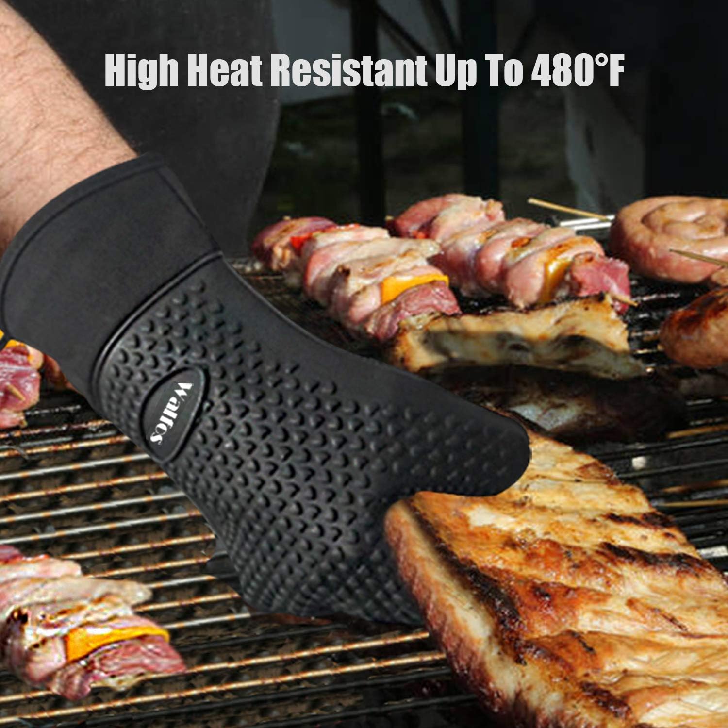 Walfos Grilling Gloves - Heat Resistant Silicone Oven Mitt, Premium Non-Slip Silicone Internal Protective Cotton Layer, Waterproof, Great for Grilling, Kitchen and Cooking (Black): Kitchen & Dining