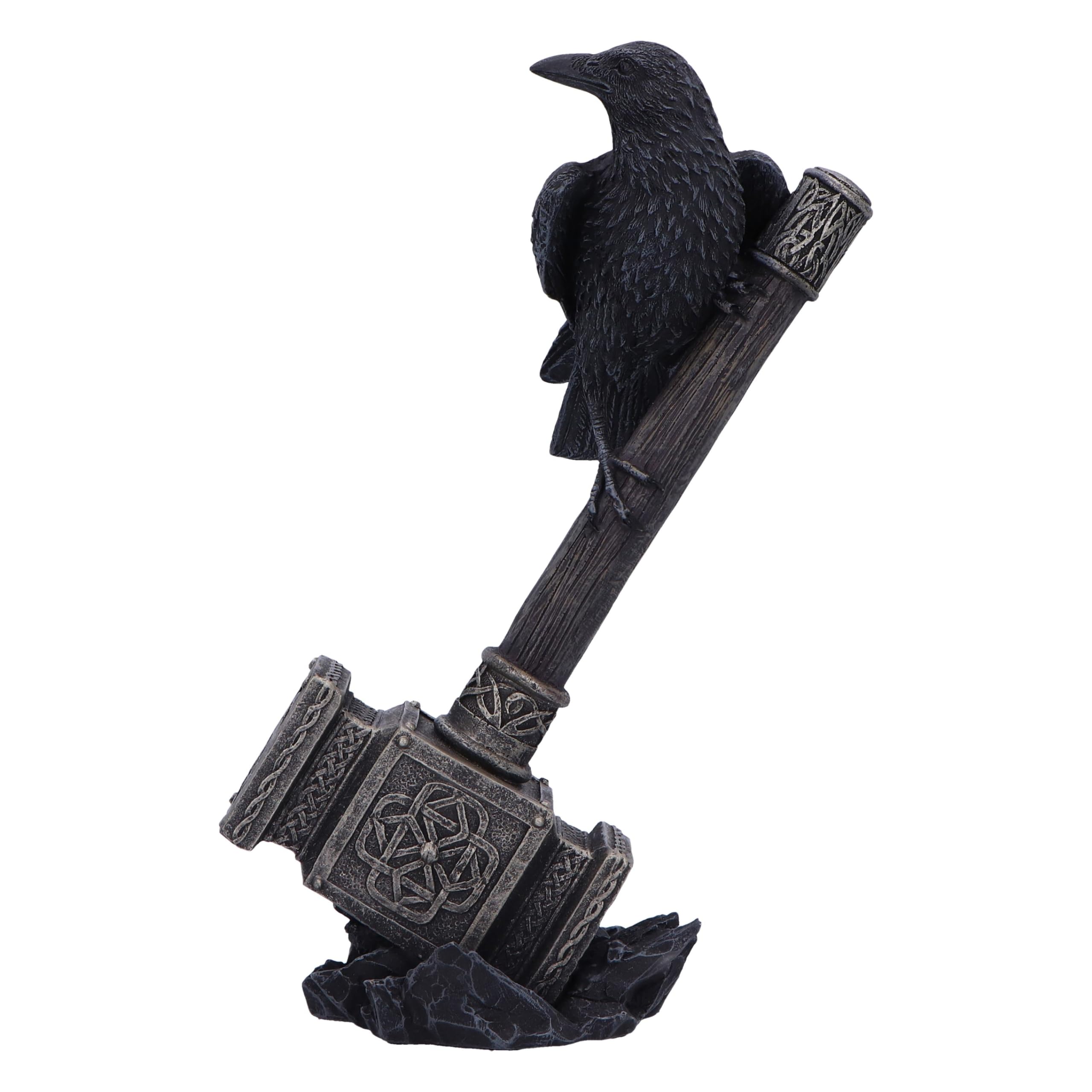 Nemesis Now Hammer of the Gods Figurine 23cm, Resin, Raven on Thor's Hammer Sculpture, Thor's Hammer Figurine, Norse Mythology Bedroom Décor, Cast in the Finest Resin, Expertly Hand-Painted