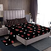 Erosebridal Strawberry Bed Sheets Queen Size Red and Black Kawaii Strawberry Bedding Set for Kids Girls Women Bedroom Decor Children Cute Sweet Tropical Fruit Sheet Set Soft Fitted Sheet 4Pcs
