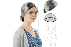100 Days of School Old Lady Costume for Girls - Grandma Wig Grey Hair Set with Glasses, Pearl Necklace - 100th Day Granny Cos