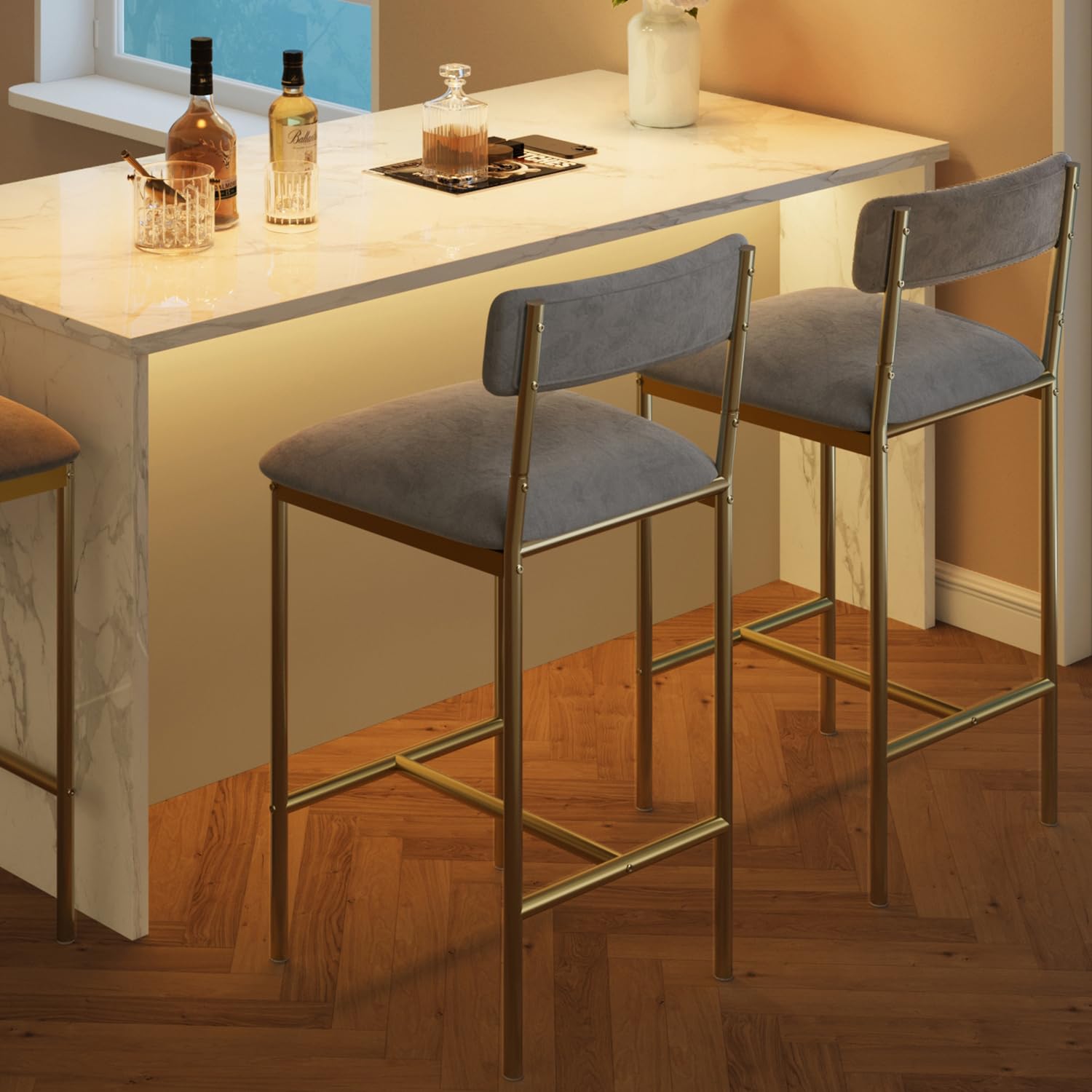 Photo 1 of IDEALHOUSE Bar Stools Set of 2, Kitchen Bar Stools with Footrest, 25.5 Inches Upholstered Bar Chairs with Back, 2 Counter Height Barstools for Counter Bar, Island, Easy Assembly, Gray-Gold