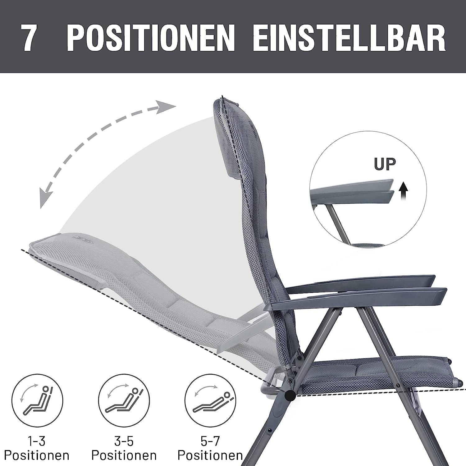 TIMBER RIDGE Campingstuhl Faltbar mit Hoher Lehne Klappstuhl Luxus Gepolsterter Balkonstuhl mit 7 Positionen, Verstellbarer Gartenstuhl für Camp, Garten, Balkon Belastbar 150 KG Grau 3