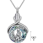 POPKIMI Wolf Urn Necklace Sterling Silver Crystal Urn Necklace for Ashes Cremation Jewelry for Ashes Memory Jewelry for Women Men