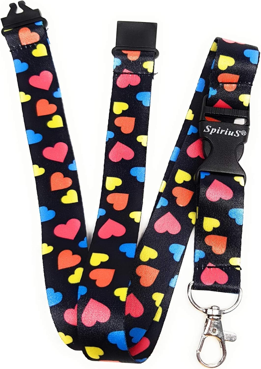 Lanyard neck strap for id card badge holder with safety clip breakaway 2cmx43cm SpiriuS (Multi Hearts), Multicolor, 5 7/8