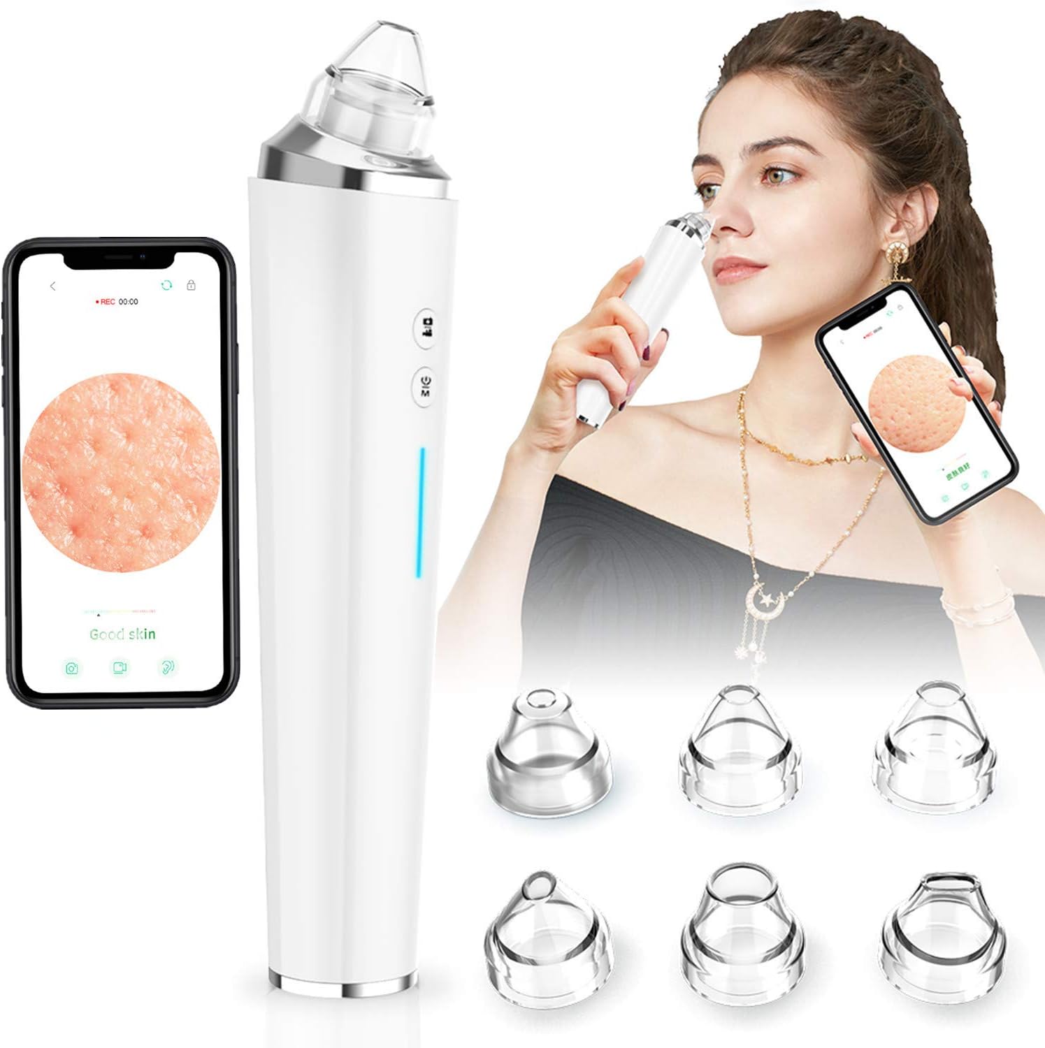 Face Speculum, Blackhead Remover HD Camera, USB Charging, Blackhead Remover Vacuum, with LED Light, 6 Replaceable Tips, WiFi Screen Synchronization, Suitable for iPhone and Android Smartphones –White