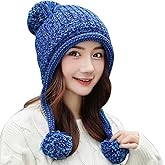 Women Winter Peruvian Cover Ears Beanie Hat Ear Flaps Sherpa Ski Snow Hats Knit Fleece Lined 3 Pom Pom